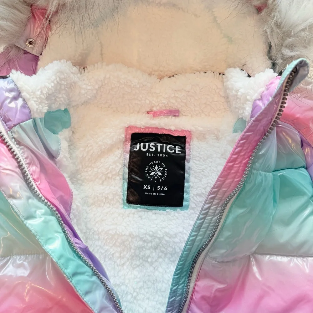 NWT-Girls Justice Sparkle Sherpa Classic Puffer Jacket Faux Fur Hood Sz 5/6 XS